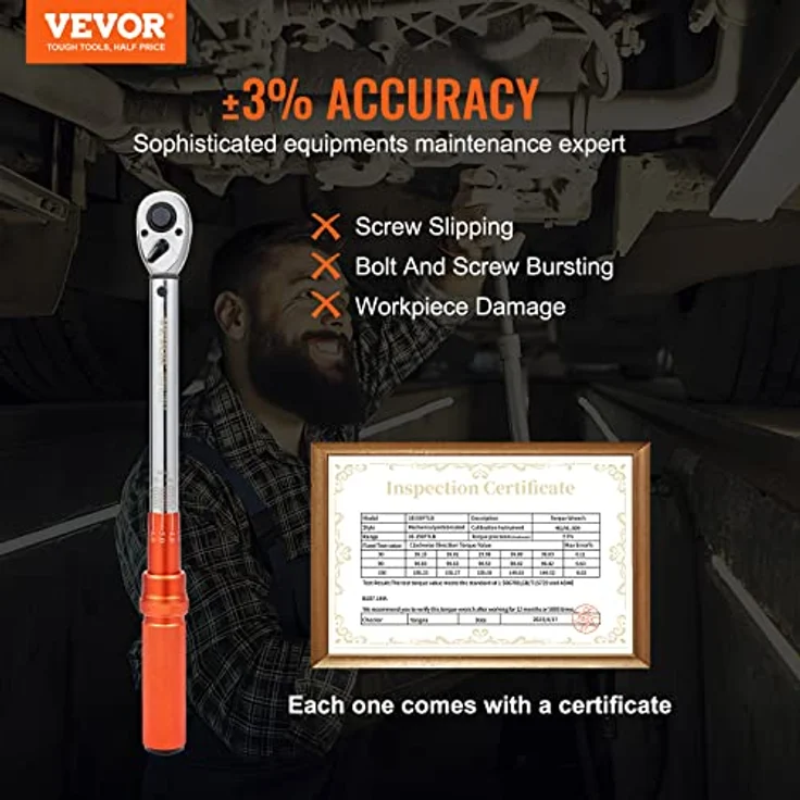 VEVOR Drehmomentschlüssel 1/2", 14–204 Nm Fahrrad & Motorrad Set, mit ± 3% Fehlergenauigkeit, 127 mm Verlängerungsstange, Adapter & 72 Zähne Ratschenkopf – Bild 2