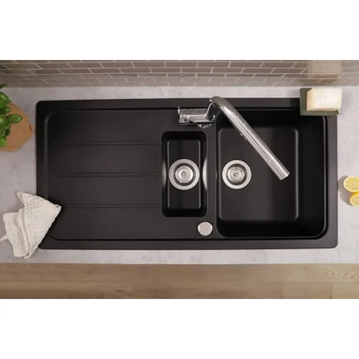 Respekta Austin Massivgranit Spüle 100 x 50 cm, Hitzebeständig, 1,5 Becken, Schwarz, für Unterschränke ab 60 cm Breite – Bild 5