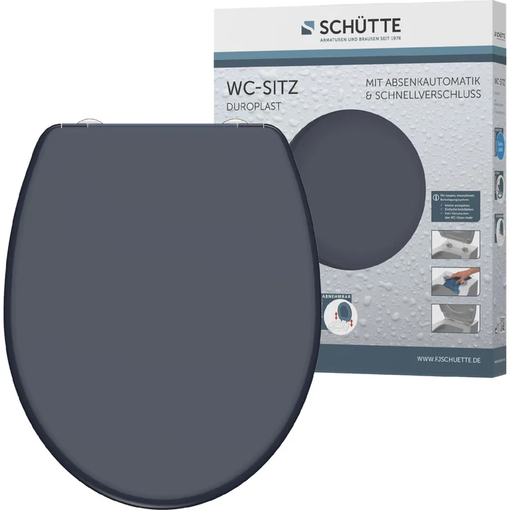 Schütte WC-Sitz Anthrazit Duroplast, Absenkautomatik & Schnellverschluss, O-Form, bruchsicher & kratzfest