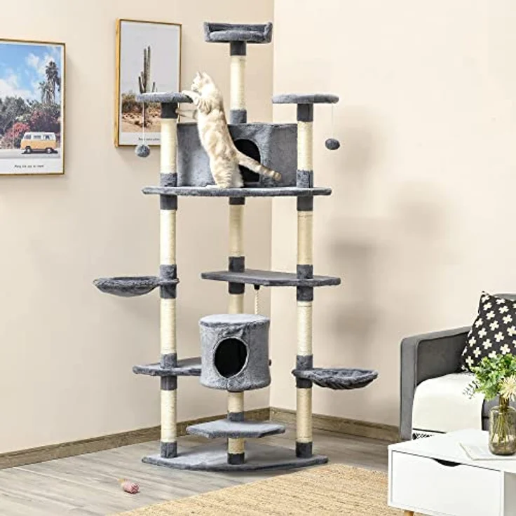 Pawhut Katzenbaum Ecke Kratzbaum Spielbaum Katzenkratzbaum Katzen Kletterbaum Hellgrau 200 cm – Bild 2