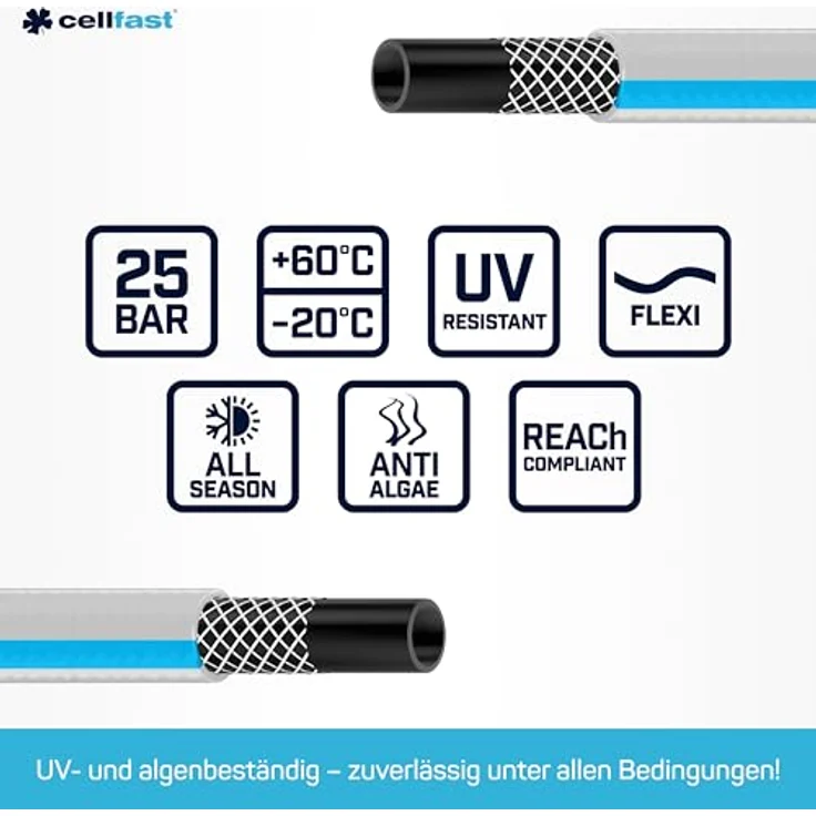 Cellfast Gartenschlauch Basic 3-lagiger Schlauch mit dauerhafter Verstärkung aus Garn höchster Qualität mit Polyesterkreuzgewebe,Druck- und UV-beständig 25 bar Berstdruck, 10-422, Grün, 3/4 Zoll, 50m – Bild 4
