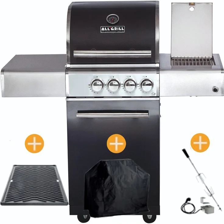 ALL'GRILL Gasgrill CHEF Paket S1 Schwarz mit Backburner und Seitenkocher, Inklusive GRATIS Zubehör