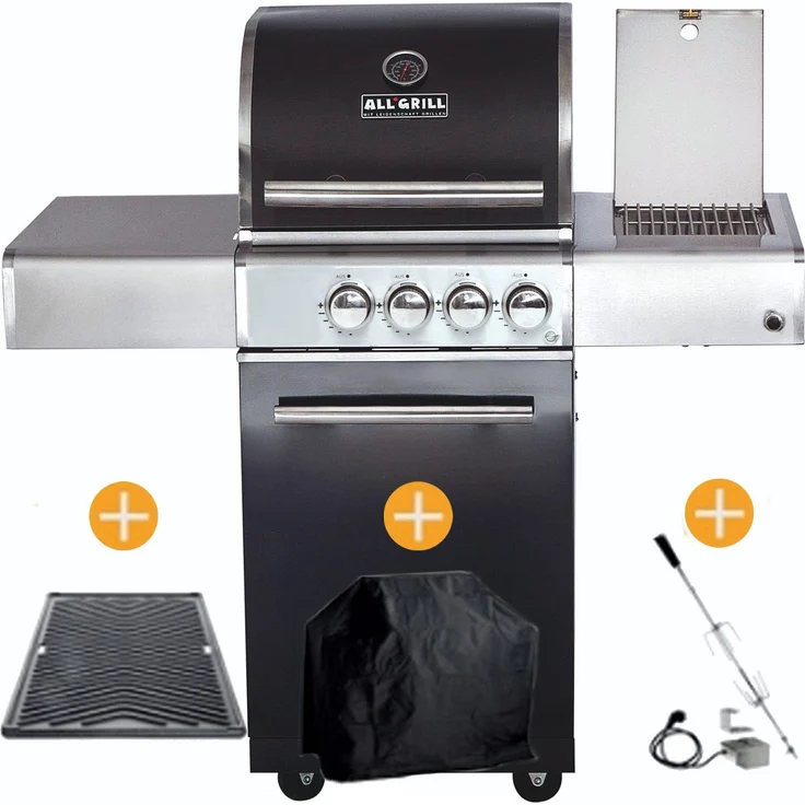 ALL'GRILL Gasgrill CHEF Paket S1 Schwarz mit Backburner und Seitenkocher, Inklusive GRATIS Zubehör