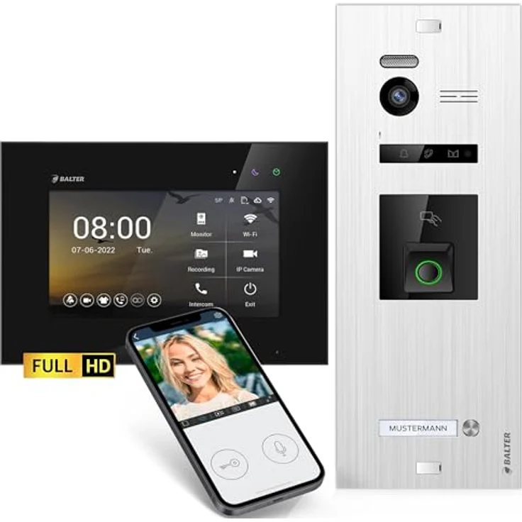 Balter EVO HD Video-Türsprechanlage mit Fingerprint und Smartphone App, Komplettset für Einfamilienhaus, Full HD 175° Ultraweitwinkelkamera, 7-Zoll Touchscreen Monitor – Bild 1