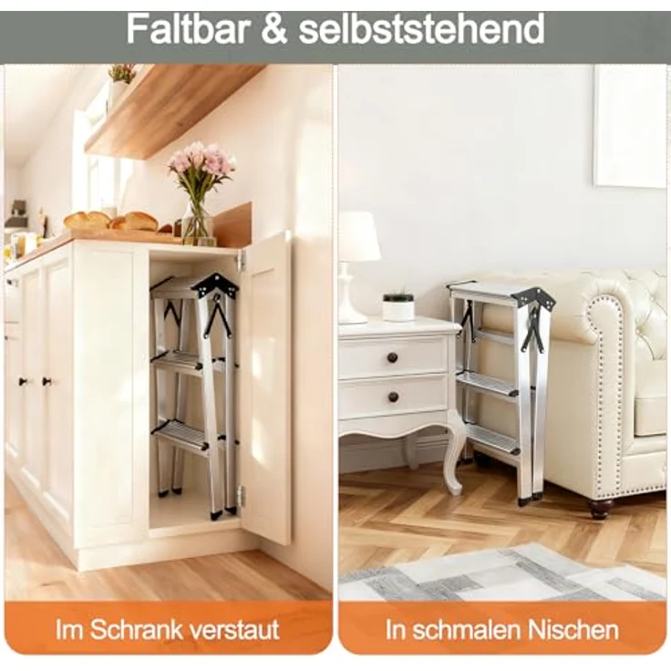 Sweetcrispy Aluminium Stehleiter, Trittleiter mit 3 rutschfesten Stufen, klappbar und leicht, bis 150 kg belastbar, Silber – Bild 5
