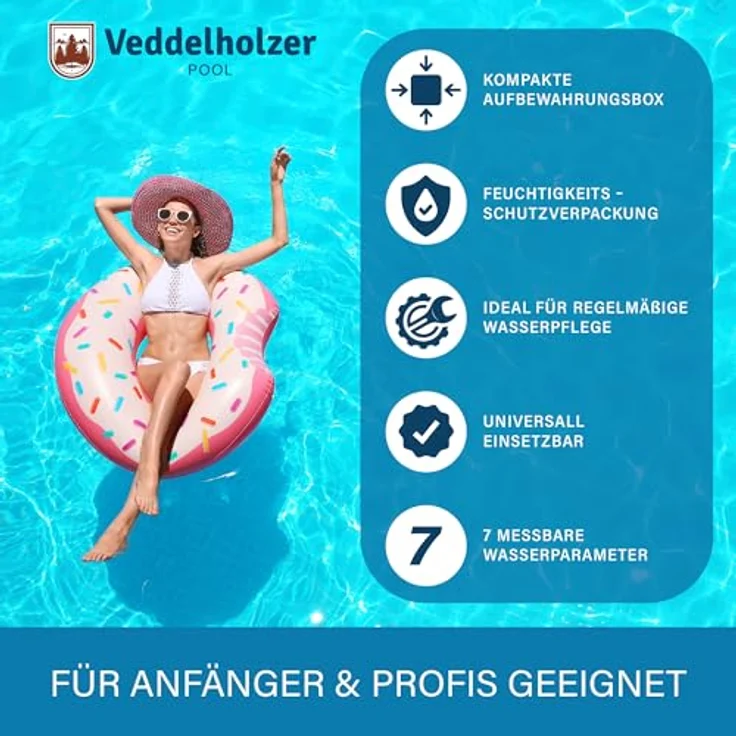 Veddelholzer 7-in-1 Pool Teststreifen, Wasseranalyse für pH-Wert, freies Chlor, Brom, Gesamthärte, Cyanursäure und Alkalinität, 150 Stück – Bild 2