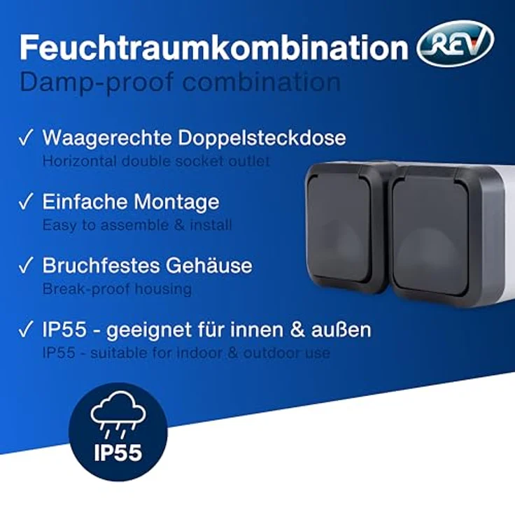 REV Feuchtraum-Steckdose, 2-fach, AquaStorm, AP, grau, waagerecht – Bild 2