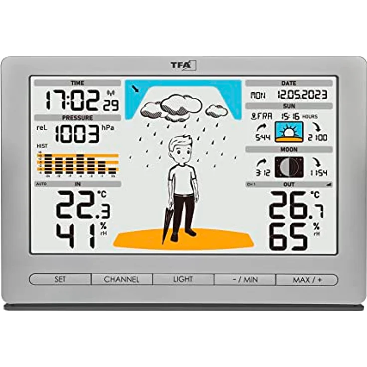 TFA Dostmann Funk Wetterstation METEO JACK, 35.1097.54, inkl Außensender, mit Wettervorhersage, Luftdruck, Mondphase, Sonnenaufgang- & -untergang, Funkuhr, silber – Bild 2