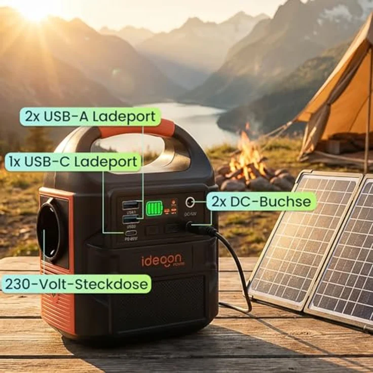 ideoon Mobiles Powerstation Set 88,8Wh mit 20W Solarmodul, 230V Steckdose, USB-C PD 65W, LED-Leuchte für Camping & Outdoor, schwarz-orange – Bild 2