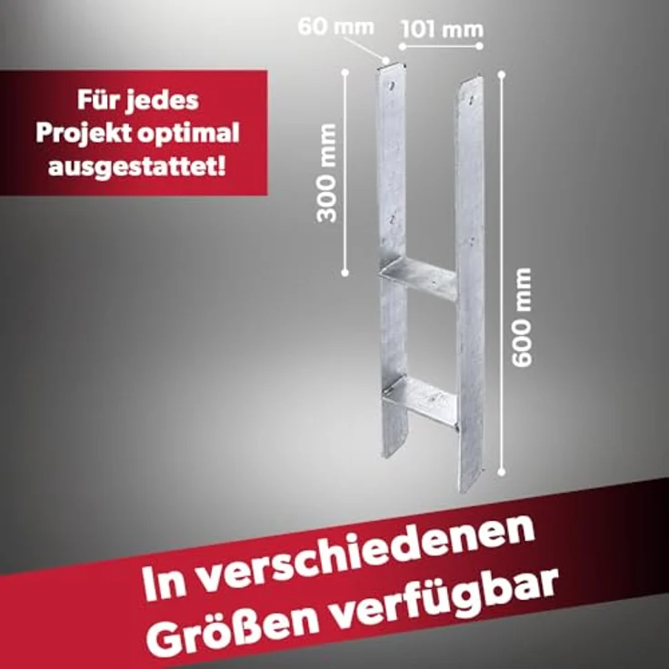 siwitec H-Pfostenträger 600 x 121 mm, feuerverzinkt, Materialstärke 5 mm, 6er Pack für Holzpfosten im Außenbereich, zum Einbetonieren – Bild 2