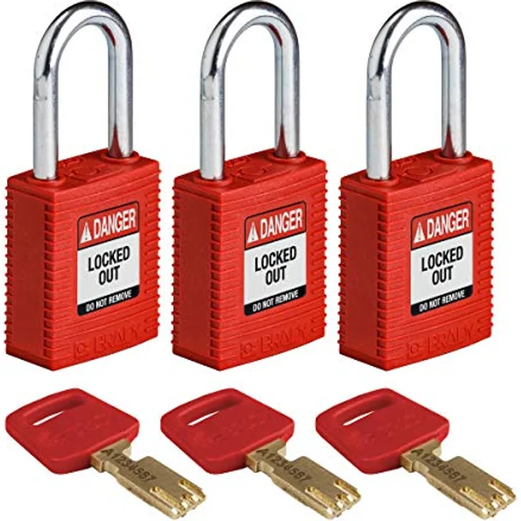 Brady (NYL-RED-38ST-KA3PK) SafeKey Nylon Lockout-Vorhängeschloss Mit Stahl Bügel 38.00 mm Rot KA - Gleichschließende Schlösser 3 Stück