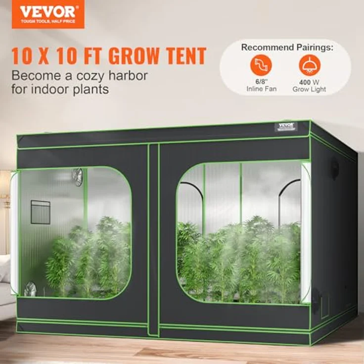 VEVOR Growbox GT600D120, 305 x 305 x 203 cm Gewächshaus mit 19 mm Stahl-Rahmen, 600D Oxford-Gewebe, 60 kg Tragfähigkeit, geeignet für 400 W Wachstumslampe, schwarz + grün – Bild 2