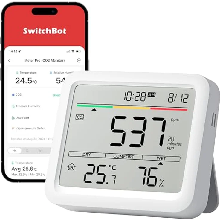 SwitchBot Meter Pro CO2-Melder, Messgerät mit CO2-Alarmauslöser, Thermometer, Hygrometer und Bluetooth-App, 2 Jahre Datenspeicher, Hub erforderlich – Bild 1