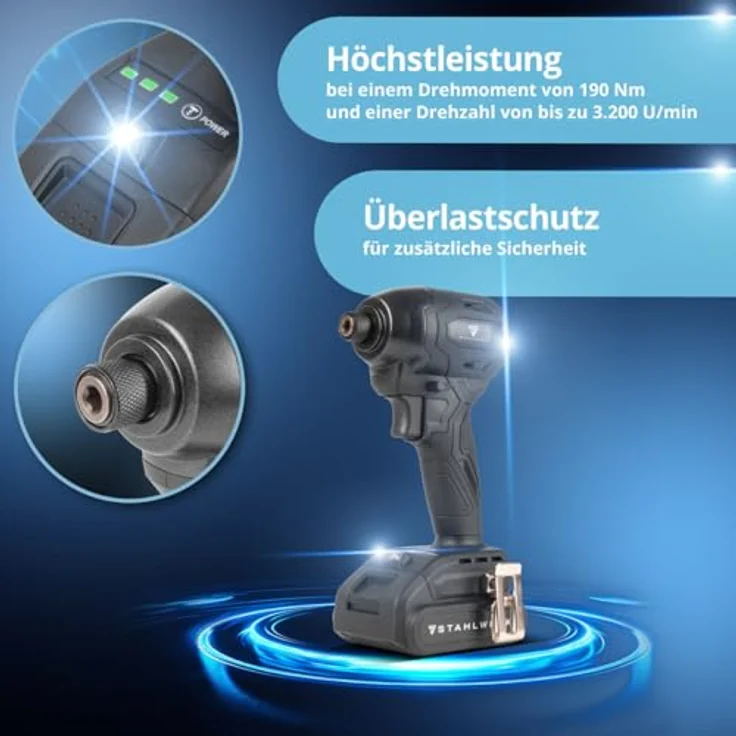 STAHLWERK Akku-Schlagbohrschrauber ADS-190 ST, 20 Volt-System mit Brushless-Technologie, 190 Nm Drehmoment, inklusive Akkus und Ladegerät, ¼ Zoll-Schnellwechsel-Bit-Aufnahme – Bild 4