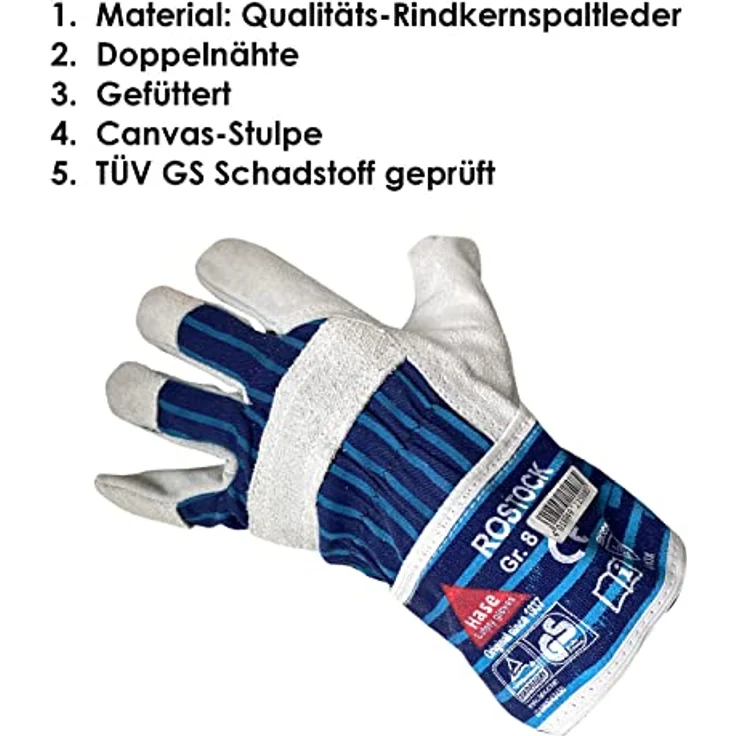 Hase Safety Gloves 12 Paar - ROSTOCK, 5-Fg.-Sicherheitshandschuhe aus Spaltleder - Größe 8, TÜV GS Schadstoff geprüft – Bild 2