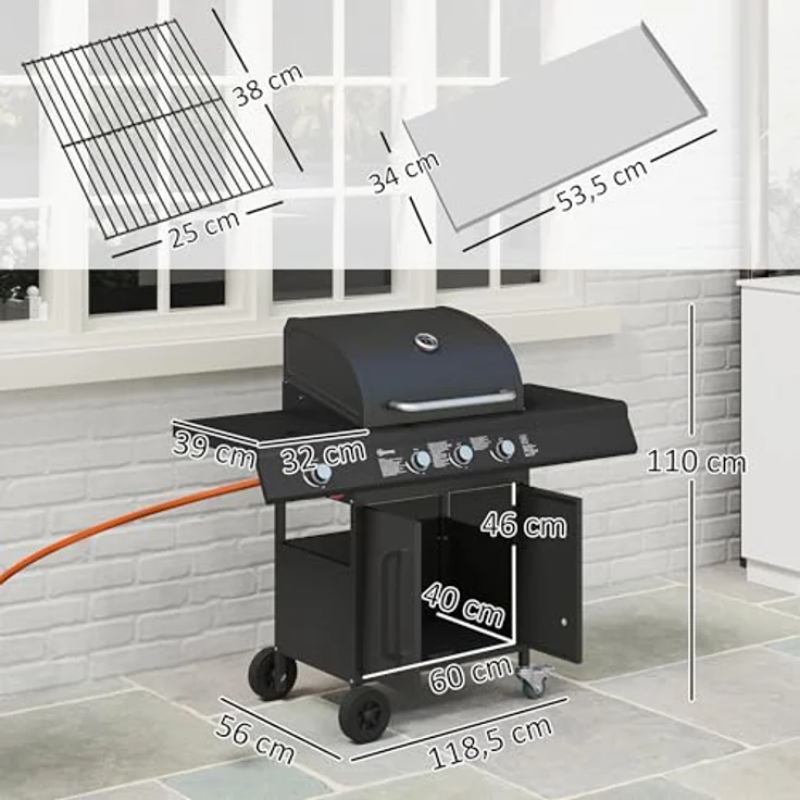 Outsunny Gasgrill 12,2 KW 3+1 Brenner BBQ Grillwagen aus Edelstahl inkl Rolle Seitenbrenner Thermometer Grillrost Kochfeld Seitentisch Gas-Grill für Balkon Camping 118,5 x 56 x 110 cm - Edelstahl – Bild 5