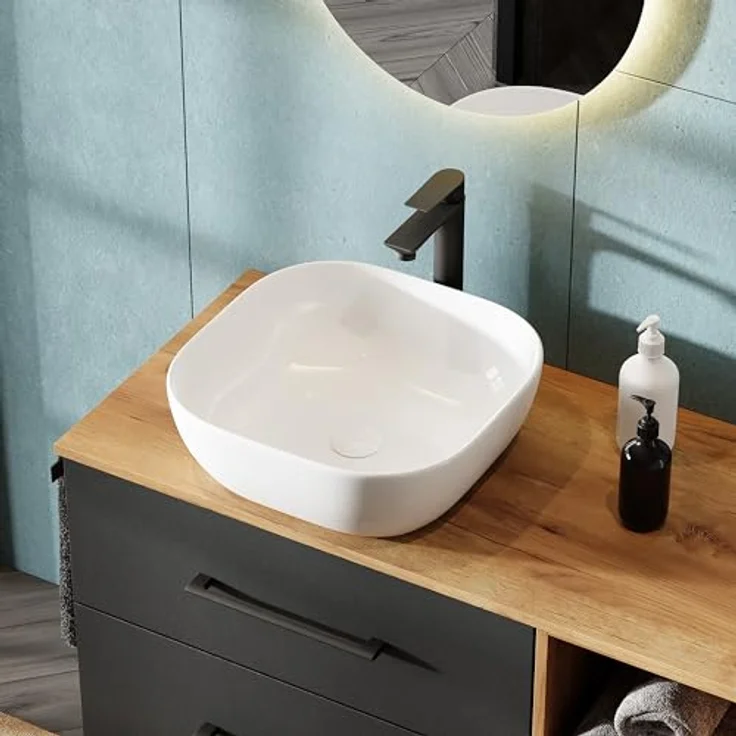 Planetmöbel Aufsatzwaschbecken Aquil, Keramik Waschbecken 42 cm, quadratisch, ohne Hahnloch und Überlauf, weiß – Bild 6