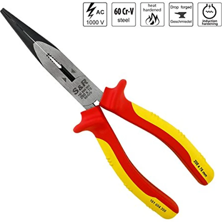 S&R VDE Flachrundzange 200 mm, gerade Spitzzange, 60 CrV Stahl, hitze- und induktionsgehärtet, HRC 66, mit 2K-Griff und Abrutschschutz – Bild 2