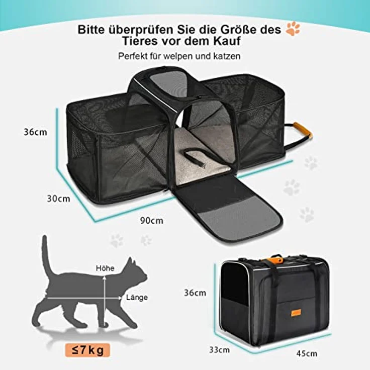 Katzentransportbox Transportbox Katze Groß, Morpilot 45x30x36cm Erweiterbar Katzenbox für 2 Katzen Hund Welpen, Flugzeug Faltbar Hundetransportbox Zusammenklappbare Transporttasche Katze Transport – Bild 2