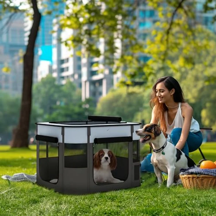 PawHut Welpenauslauf, faltbarer Welpenlaufstall mit Türen und Fenstern, atmungsaktives Netz, für Hunde bis 4 kg, grau, 74 x 60 x 45 cm, Indoor und Outdoor – Bild 2