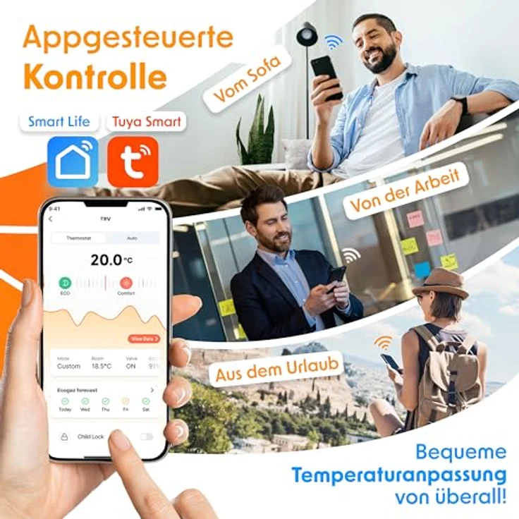 KESSER® Heizkörperthermostat WiFi Heizungsregler, Smart Home App Steuerung, Sprachsteuerung mit Alexa & Google Assistant, 6 Heizkörperventile, runde Form, Schwarz oder Weiß – Bild 3