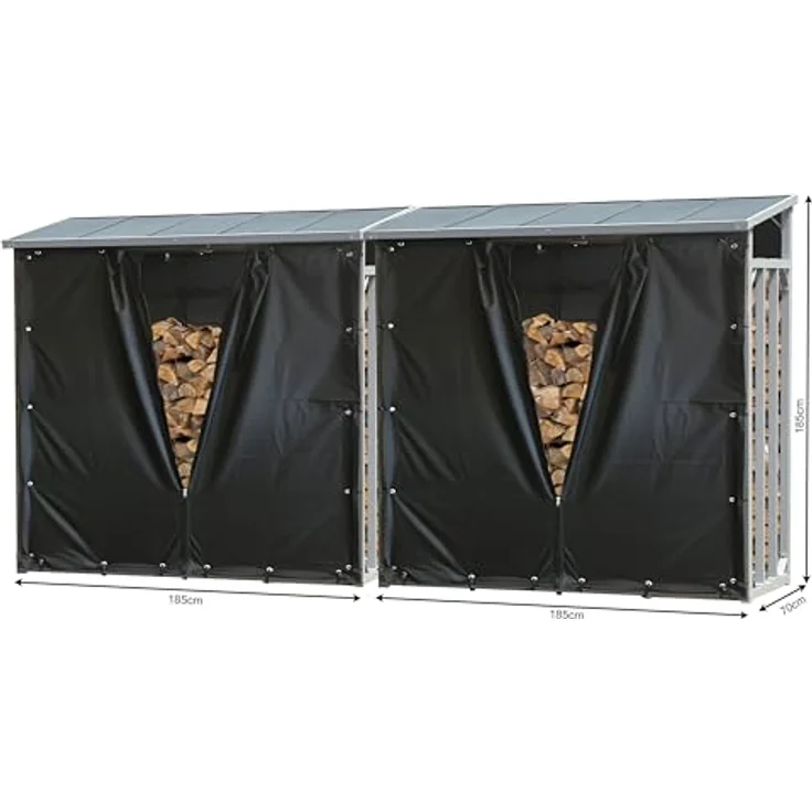 QUICK STAR Kaminholzregal Set 2 Stück, Aluminium wetterfest mit Wetterschutz Schwarz, 185 x 70 x 185 cm, pro 40 mm Stahlprofil, Kapazität 4,6 m³ (7 SRM) – Bild 2