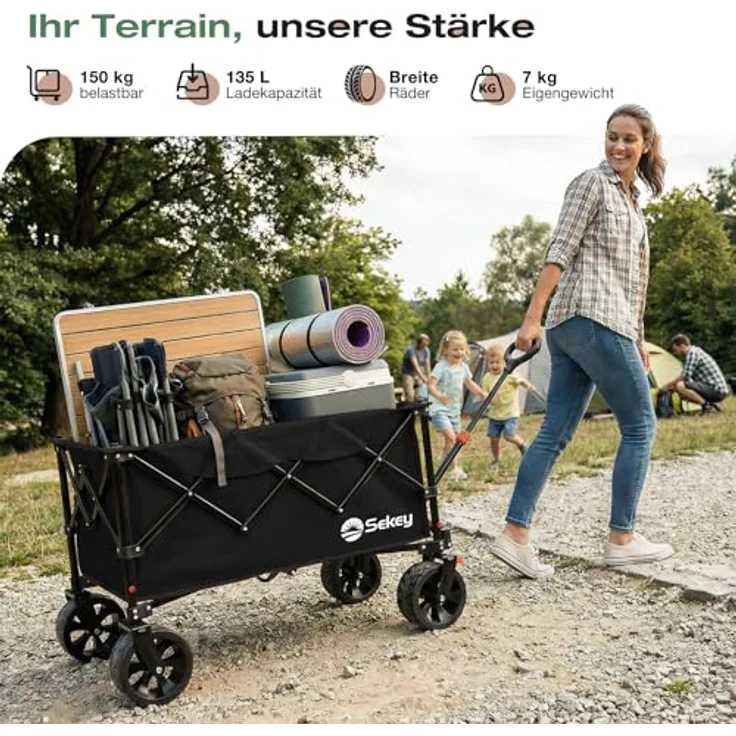 Sekey XXL Bollerwagen, Faltbar 135L, 150KG belastbar, leichte All-Terrain-Räder mit Bremse, patentierter 4-Wege-Sofortaufbau, Schwarz – Bild 2