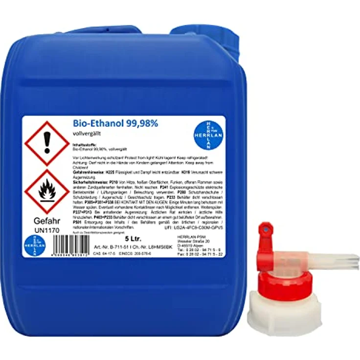 Herrlan-Psm e.K Kamin-Ethanol 99,98% Alkohol-Gehalt, wasserfrei I 5 Liter I Bioethanol I inkl. 1 x AGH, geruchsneutral, saubere Verbrennung – Bild 3