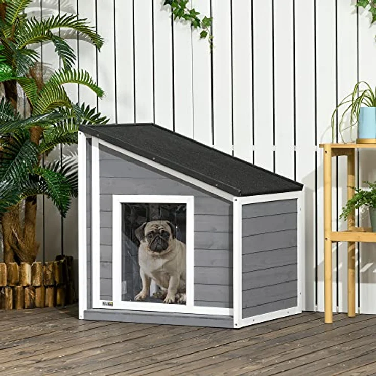 PawHut Hundehütte aus Holz, Hundehaus mit zu öffnendem Asphaltdach und Türvorhang, Outdoor Hundehaus, Kleintierhaus für kleine Hunde, draußen, Wetterbeständig, Grau, 71 x 58 x 53/77 cm – Bild 2
