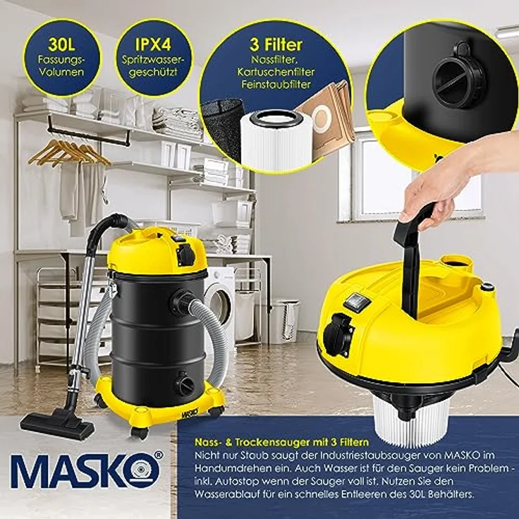 MASKO 6IN1 Industriestaubsauger Staubsauger Nass Trocken Sauger Aschesauger 2300W + Steckdose   Blasfunktion   Trocken-Saugen & Nass-Saugen   Industrie-Sauger mit & ohne Beutel   beutellos Gelb – Bild 5