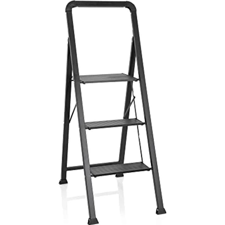 hjh OFFICE Klappleiter 3 Stufen SOLID W6 Aluminium Trittleiter, bis 150 kg belastbar, Tritt klappbar, Schwarz, 801206 – Bild 1
