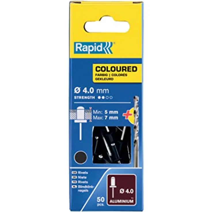 Rapid Blindnieten ALU Grau Ø 4mm, 5-7mm Klemmbereich, 50 Stk. Nieten, Set Inkl Bohrer, für blindnietzangen