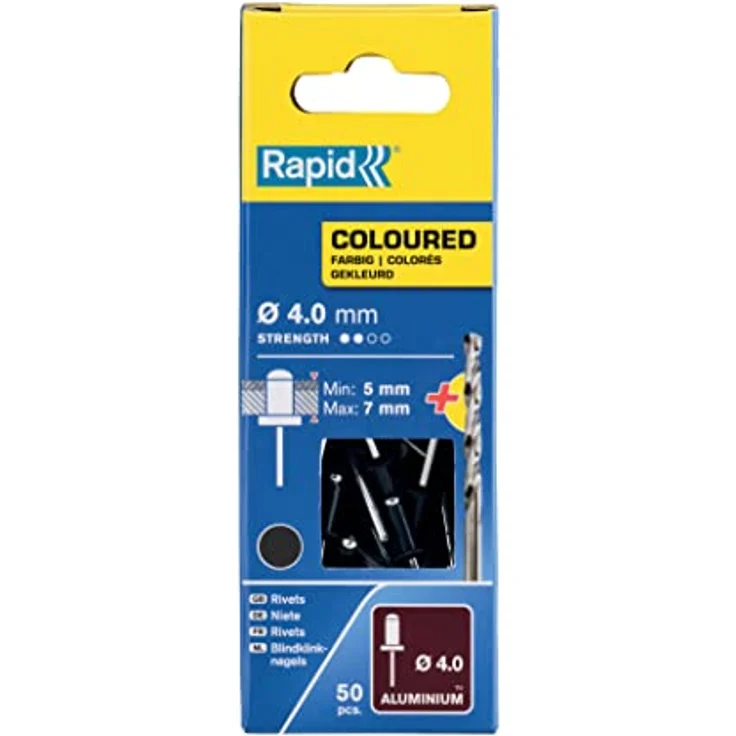 Rapid Blindnieten ALU Grau Ø 4mm, 5-7mm Klemmbereich, 50 Stk. Nieten, Set Inkl Bohrer, für blindnietzangen – Bild 1