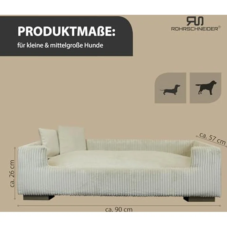 Rohrschneider Hundesofa Cord für mittelgroße und Grosse Hunde, hoher Rand, waschbarer Bezug, 100% Polyester, beige, B 90 x T 57 x H 26 cm, inkl. 2X Dekokissen – Bild 3