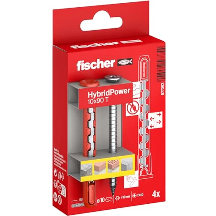 fischer HybridPower 10 x 90 T, Dübel für höchste Tragfähigkeit und Sicherheit, einfache Montage ohne Setzwerkzeug, universell für Loch- und Vollbaustoffe, brandsicher – Bild 1