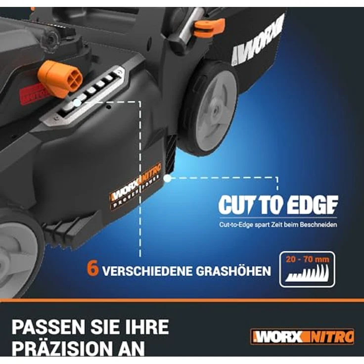WORX WG737E Nitro Akku-Rasenmäher 40V(2x20V) - leistungsstarker bürstenloser Motor - 37cm Schnittbreite - 6 Schnitthöhenstufen (20-70mm) - 40L Grasfangsack - inkl. 2x4Ah Akkus & Dual-Ladegerät – Bild 5