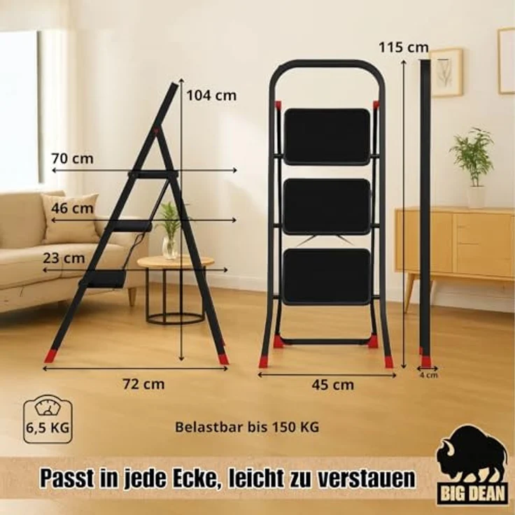 BigDean Trittleiter 3 Stufen klappbar, TÜV geprüfte Sicherheit, bis 150 kg belastbar, rutschfester Stand, schwarz – Bild 3