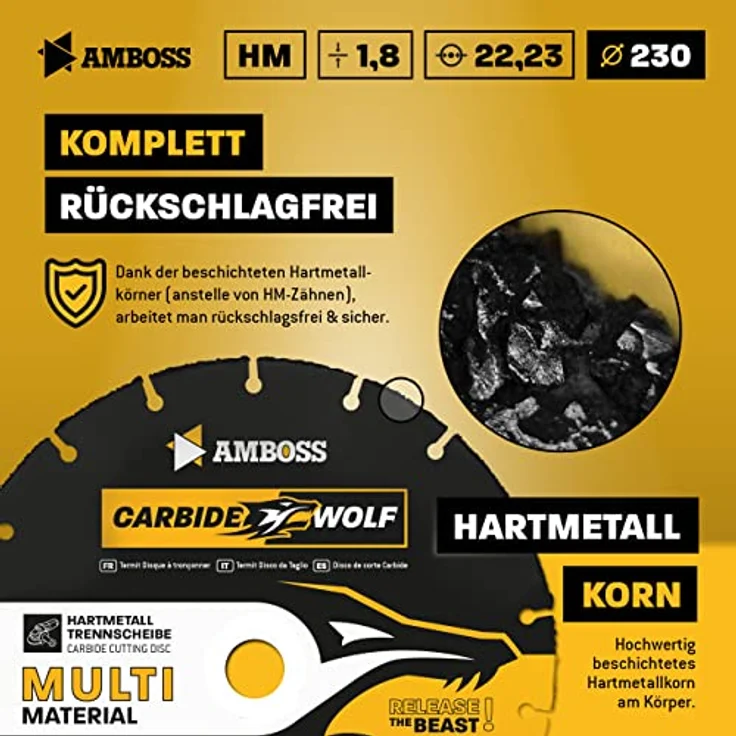 Amboss Carbide Wolf Ø 230mm, Multi Hartmetall Trennscheibe für Winkelschleifer - für Holz mit Nägeln, Kunststoff, Gips - selbstschärfend und rückschlagfrei – Bild 4