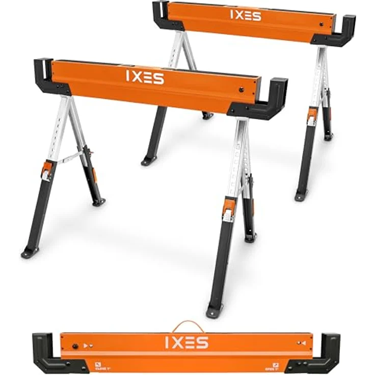 IXES Arbeitsbock höhenverstellbar | Profi Sägebock | 2 Arbeitsböcke | max. 1200 kg Traglast | Arbeitshöhe 618-820 mm | Metall Klappbock | Anti-Rutsch-Beschichtung | Metallbock, Unterstellbock - Preisvergleich – Bild 1