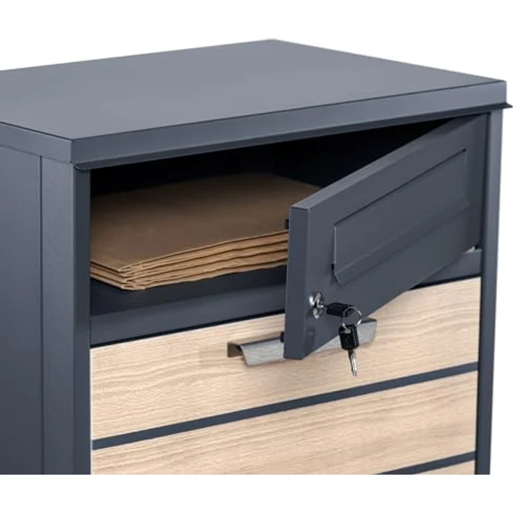 Zelsius Briefkasten mit Paketfach Terra | pulverbeschichteter Stahl mit Elementen in Holzoptik | RAL7016 Anthrazit | integrierte Rückholsperre | Bodenmontage | Paketbriefkasten, Paketbox, Parcel Box – Bild 4