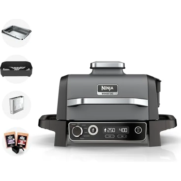 Ninja OG701UK Woodfire Electric BBQ Grill & Smoker, 7-in-1 Outdoor Grill & Air Fryer, Wetterfest und Tragbar, Grau/Schwarz