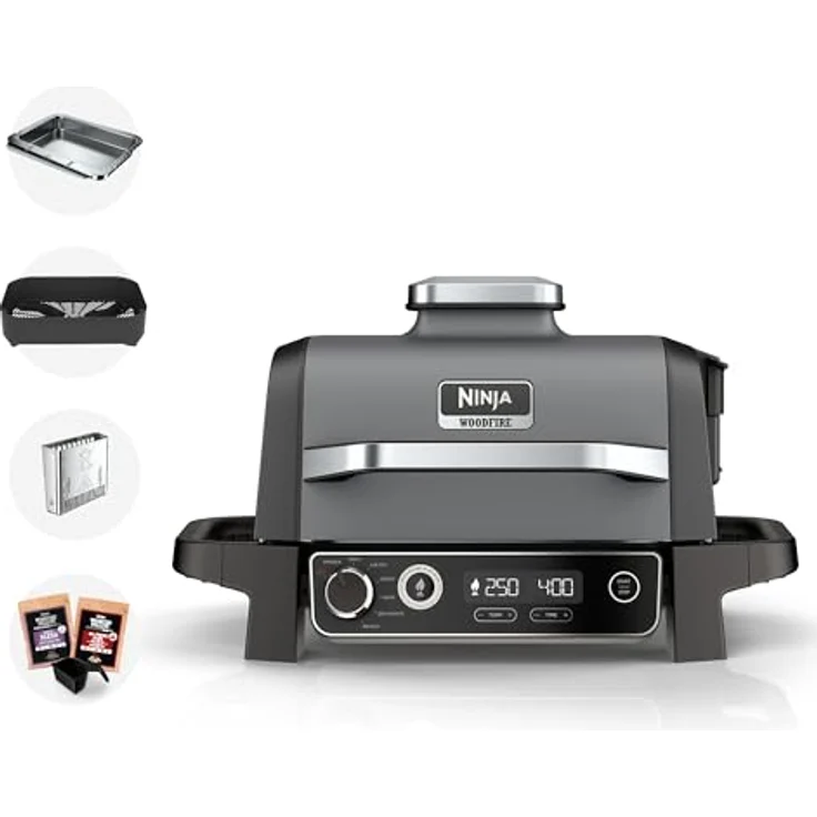 Ninja OG701UK Woodfire Electric BBQ Grill & Smoker, 7-in-1 Outdoor Grill & Air Fryer, Wetterfest und Tragbar, Grau/Schwarz – Bild 1
