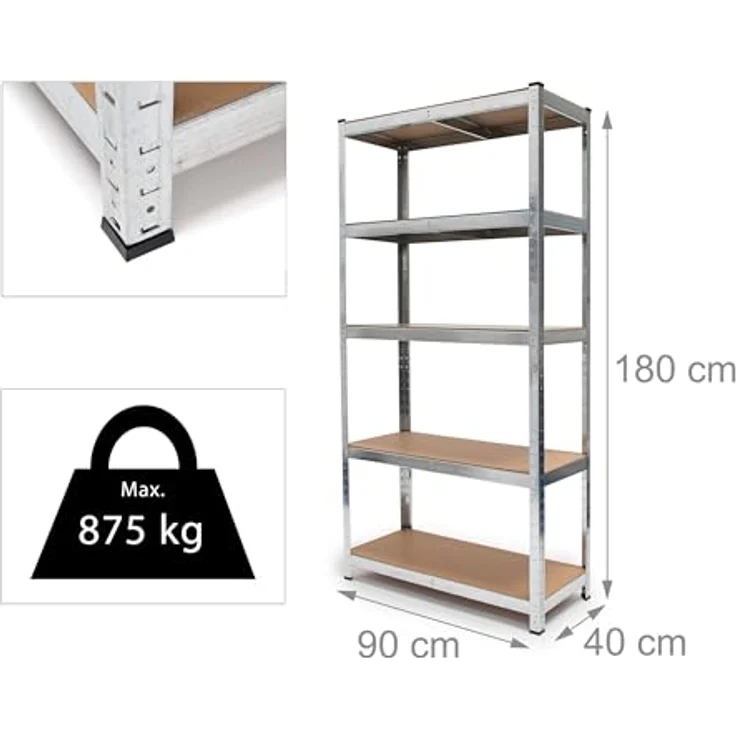 Relaxdays Schwerlastregal, HxBxT: 179 x 90 x 41 cm, verzinkter Stahl, Traglast 875 kg, Stecksystem, mit Werkbank, silber – Bild 4