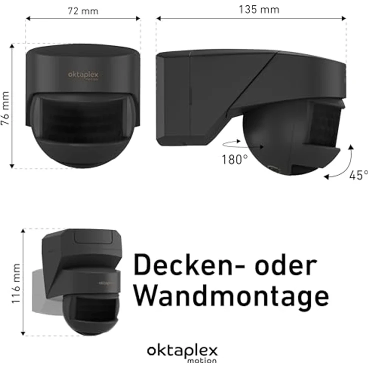 Oktaplex motion Lea Bewegungsmelder, Außen IP54, Infrarot Sensor 180° 12 m, 230V LED geeignet, anthrazit, Wand-/Deckenmontage – Bild 6