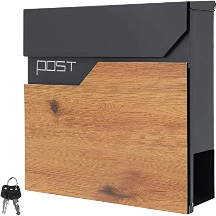 ML-Design Briefkasten Anthrazit-Holzoptik Edelstahl pulverbeschichtet, 37x37cm, Postkasten mit Zeitungsfach, Abschließbar 2 Schlüssel, Design Wandbriefkasten mit Zeitungsrolle, Mailbox für Wandmontage