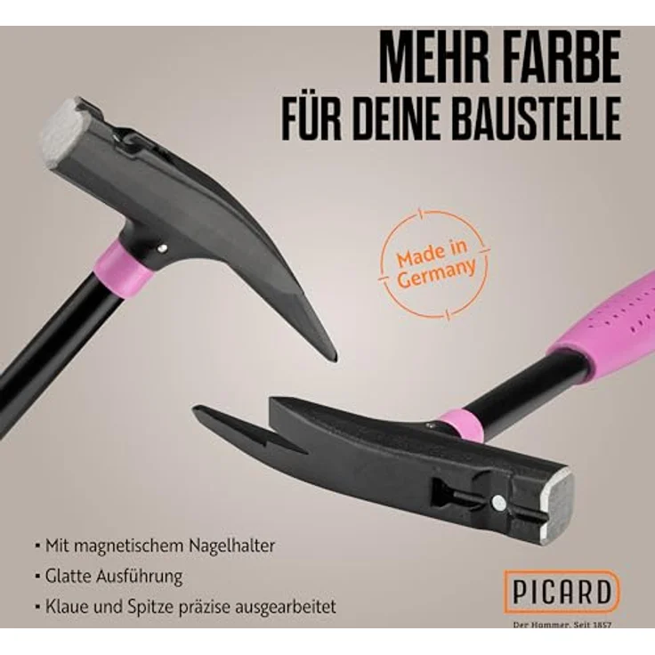 PICARD Latthammer Pink Edition, Nr. 626M, 760g glatt, mit magnetischem Nagelhalter, GS-geprüft, ergonomischer Griff, korrosionsgeschützt, 32 cm, Made in Germany seit 1857 – Bild 2