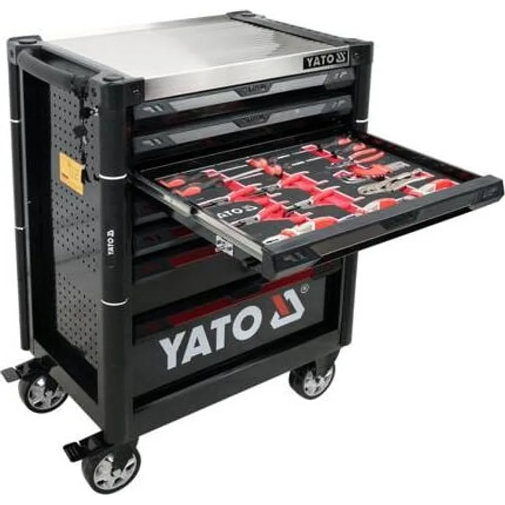 Yato YT-55308 Werkzeugwagen aus Stahl, schwarz, 6 flache und 1 große Schublade, Tragkraft 25 kg, mit Teleskopschienen und Schloss