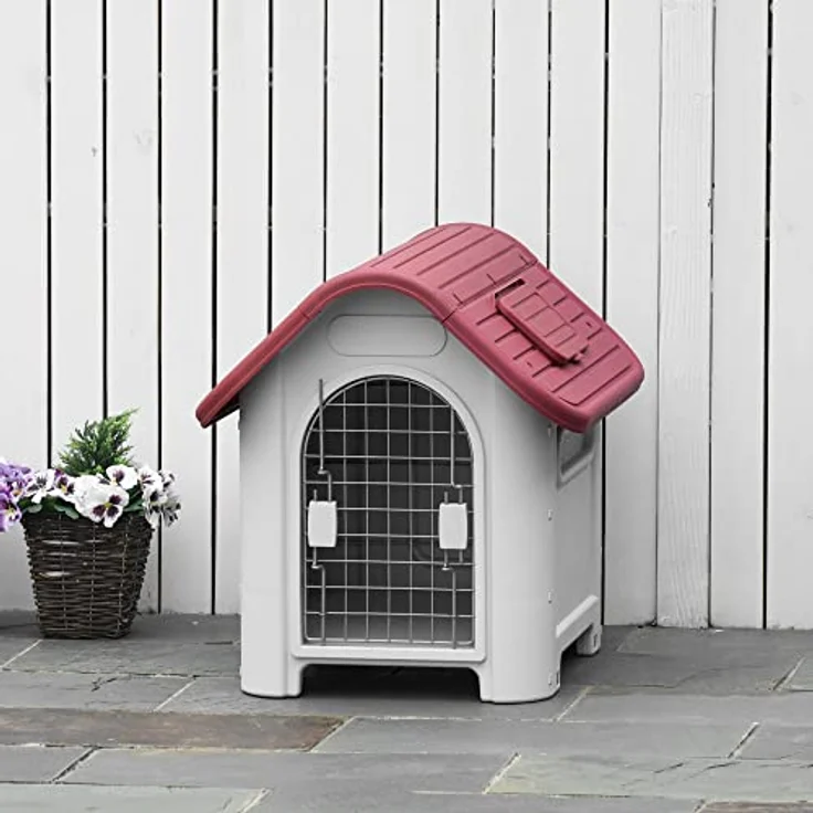 PawHut Hundehütte Outdoor Hundehaus mit Dachluke Tor Unterschlupf für kleine Hunde Kleintierstall Luftzirkulation wasserdicht Metall PP Rot+Hellgrau 59 x 75 x 66 cm – Bild 2