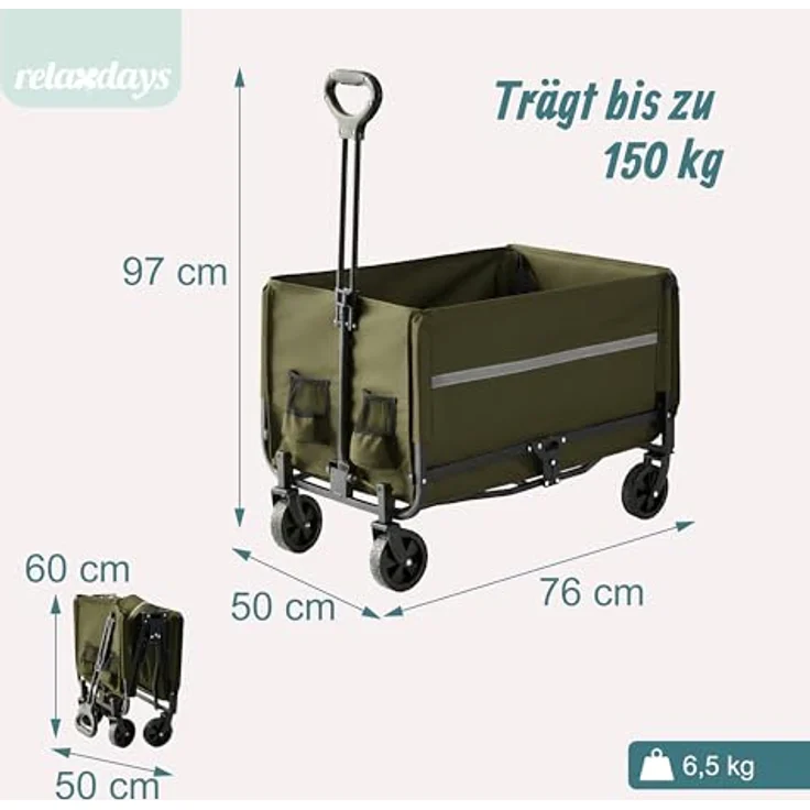 Relaxdays Bollerwagen, faltbar, 150 kg Traglast, Teleskopgriff, Regenplane, grüner Transportwagen für Einkauf und Camping – Bild 4