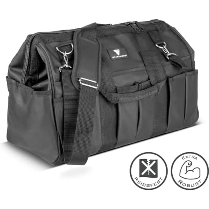 STAHLWERK Werkzeugtasche XXL, robuste Installateur-Tasche mit 15 Außenfächern, 6 Innenfächern, Tragegriff und Schultergurt, strapazierfähiges Polyester-Gewebe – Bild 2